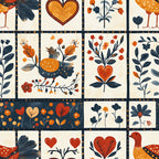 orange, navy blue, red, cream, folk art, hearts, birds, flowers, botanical motifs, patchwork squares,, fabric panel, autumn colors, decorative stitching, floral patterns, rustic style, country charm, geometric blocks, hand-drawn aesthetic, warm palette