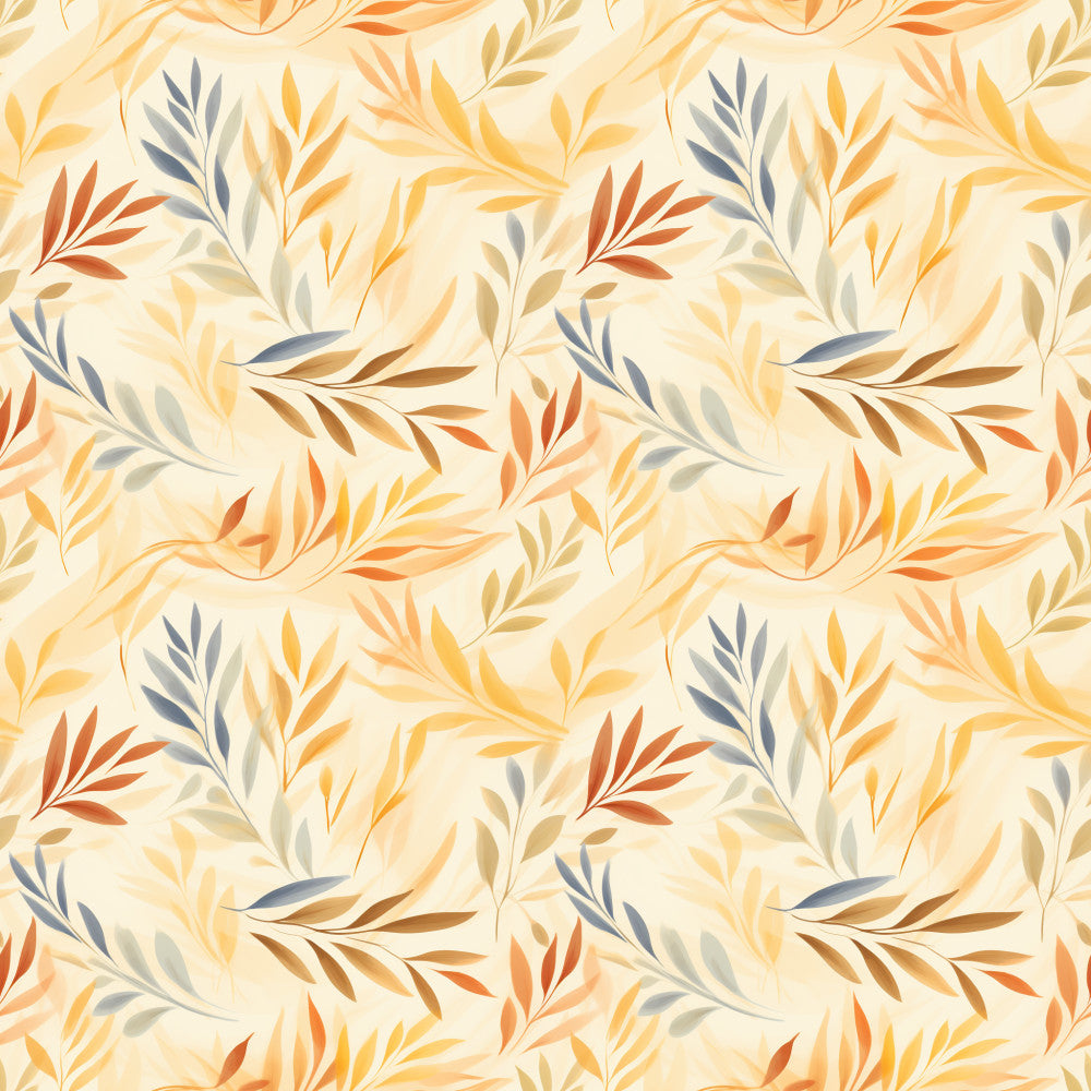 autumn leaves, fall foliage, botanical, nature, warm tones, cream, beige, tan, gold, orange, rust, terracotta, slate blue, navy, leaf pattern, leafy, organic, flowing design, elegant, modern, natural, earthy, seasonal, autumn colors, harvest theme, watercolor style, botanical print, gentle, sophisticated, transitional style