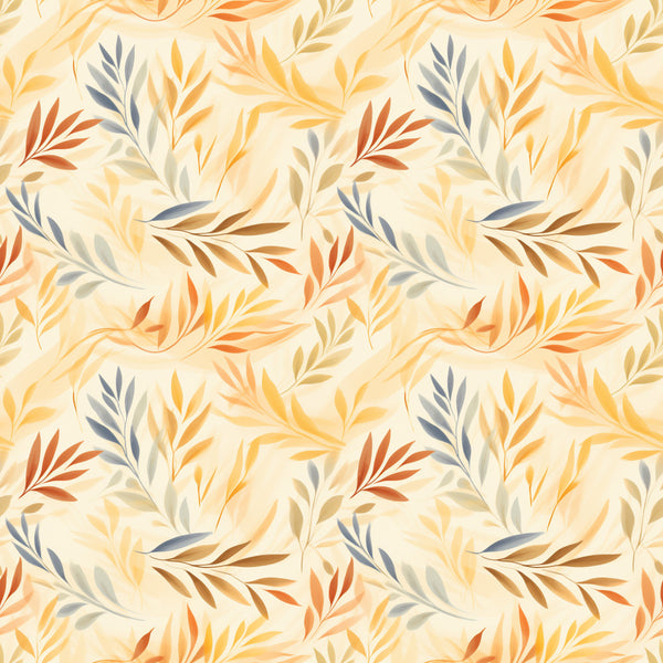 autumn leaves, fall foliage, botanical, nature, warm tones, cream, beige, tan, gold, orange, rust, terracotta, slate blue, navy, leaf pattern, leafy, organic, flowing design, elegant, modern, natural, earthy, seasonal, autumn colors, harvest theme, watercolor style, botanical print, gentle, sophisticated, transitional style
