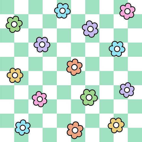 mint green, pastel colors, soft colors, cheerful flowers, floral pattern, simple flowers, colorful flowers, whimsical style, playful design, spring theme, summer theme, kids design, nursery decor, playroom fabric, baby shower, light blue flowers, pink flowers, purple flowers, yellow flowers, coral flowers, green flowers, multi-colored, rainbow colors, cute design, child-friendly, sweet pattern, garden theme, nature inspired, bright and cheerful