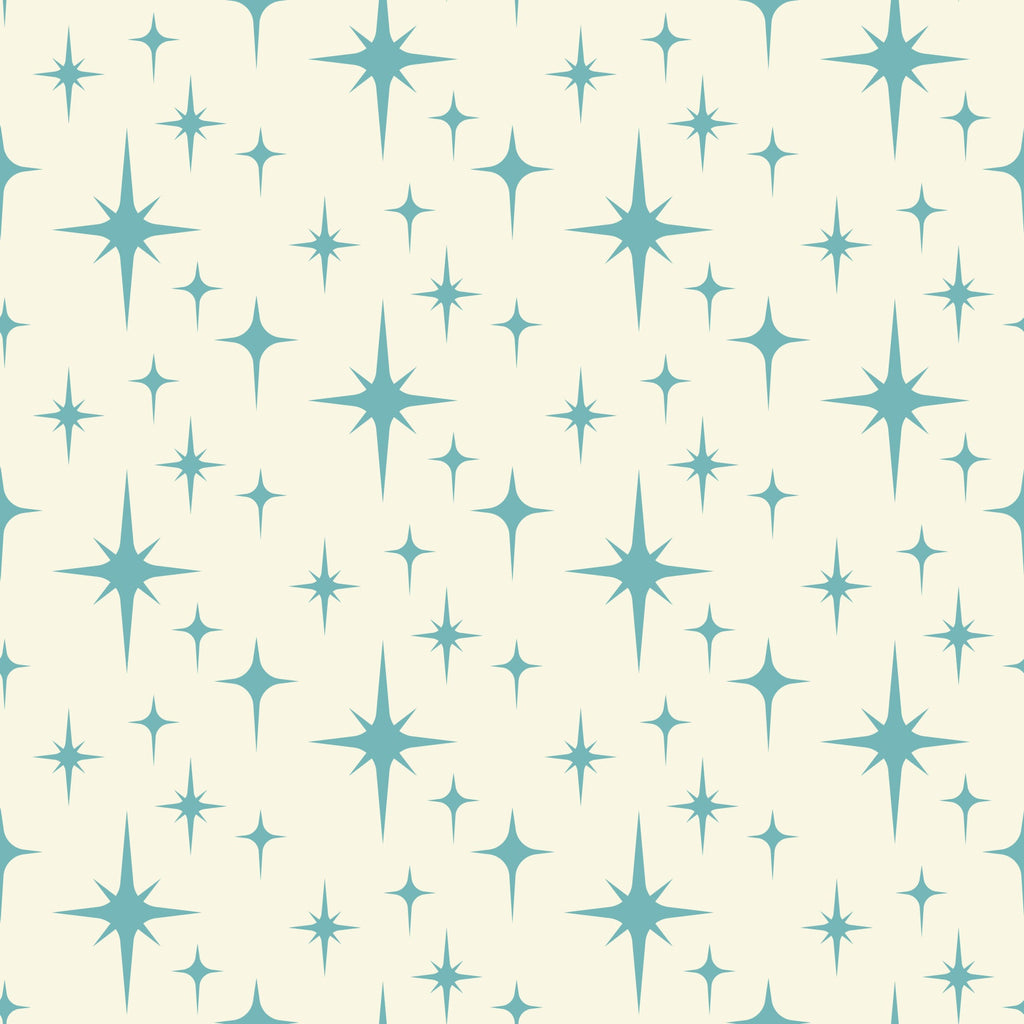 turquoise, teal, cream, beige, starburst pattern, atomic design, mid-century modern, retro style, geometric shapes, star motifs, sparkle design,, fabric panel, vintage inspired, celestial theme, repeating pattern, crafting material, sewing fabric, nostalgic mood, space age design