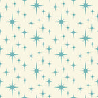 turquoise, teal, cream, beige, starburst pattern, atomic design, mid-century modern, retro style, geometric shapes, star motifs, sparkle design,, fabric panel, vintage inspired, celestial theme, repeating pattern, crafting material, sewing fabric, nostalgic mood, space age design