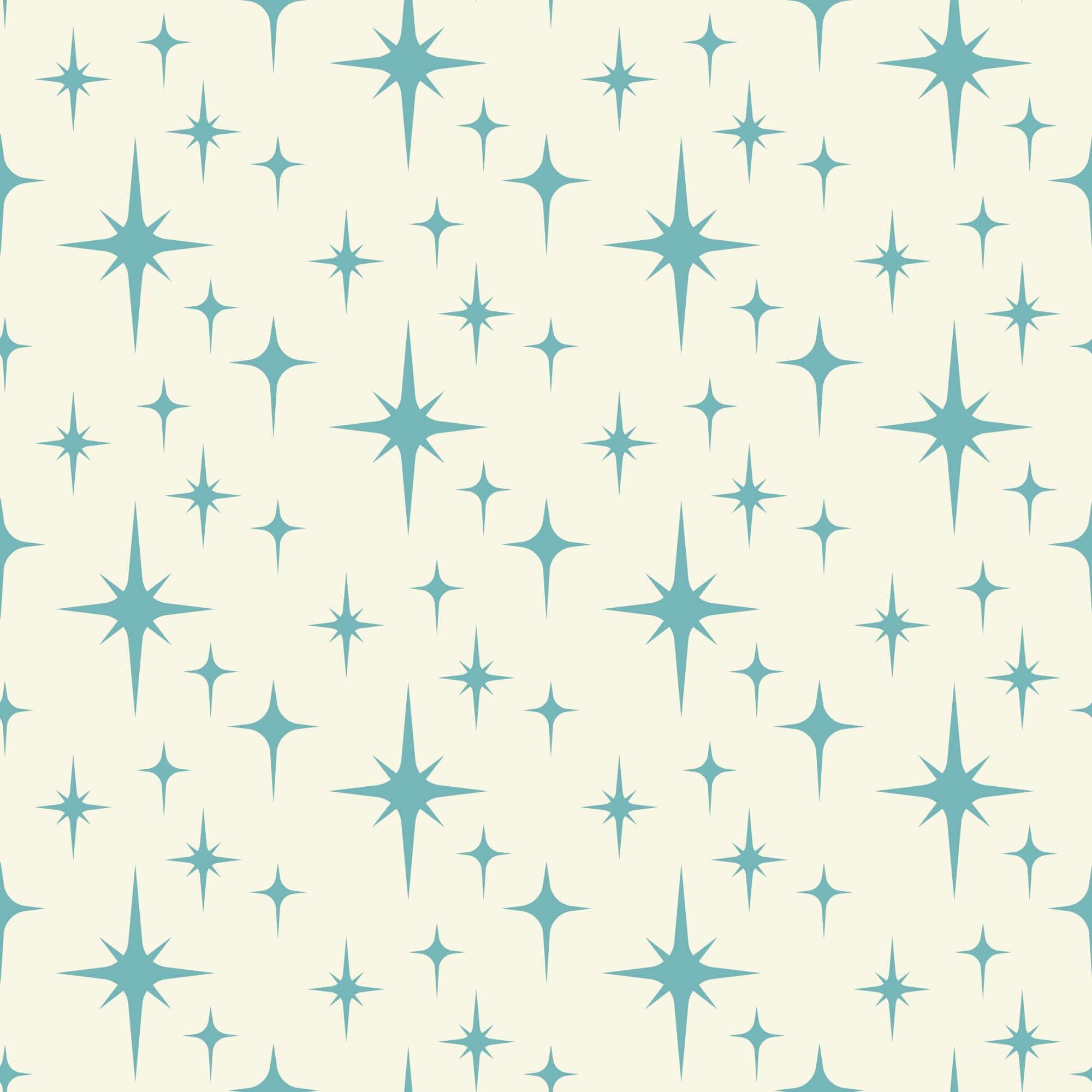 turquoise, teal, cream, beige, starburst pattern, atomic design, mid-century modern, retro style, geometric shapes, star motifs, sparkle design,, fabric panel, vintage inspired, celestial theme, repeating pattern, crafting material, sewing fabric, nostalgic mood, space age design