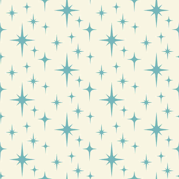 turquoise, teal, cream, beige, starburst pattern, atomic design, mid-century modern, retro style, geometric shapes, star motifs, sparkle design,, fabric panel, vintage inspired, celestial theme, repeating pattern, crafting material, sewing fabric, nostalgic mood, space age design