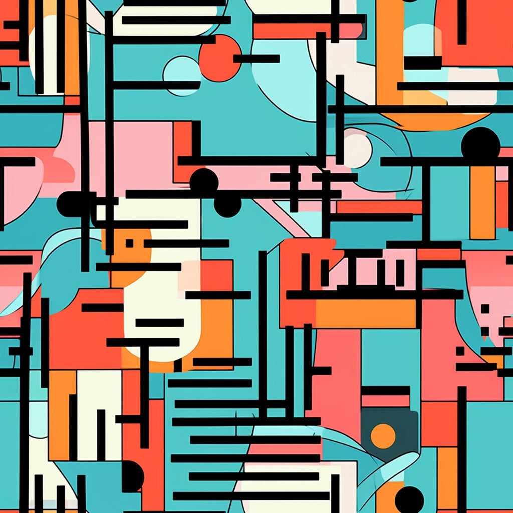 turquoise, coral, orange, pink, cream, black, geometric shapes, abstract pattern, retro style, mid-century modern, rectangles, circles, lines, groovy design, boho style, hippie aesthetic,, fabric panel, vibrant colors, contemporary art, modernist design, colorful blocks