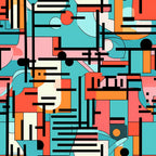 turquoise, coral, orange, pink, cream, black, geometric shapes, abstract pattern, retro style, mid-century modern, rectangles, circles, lines, groovy design, boho style, hippie aesthetic,, fabric panel, vibrant colors, contemporary art, modernist design, colorful blocks