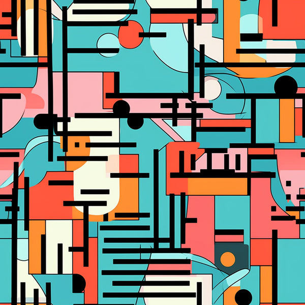 turquoise, coral, orange, pink, cream, black, geometric shapes, abstract pattern, retro style, mid-century modern, rectangles, circles, lines, groovy design, boho style, hippie aesthetic,, fabric panel, vibrant colors, contemporary art, modernist design, colorful blocks