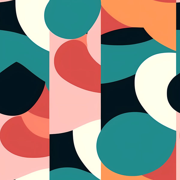 teal, coral pink, burnt orange, cream, black, geometric, abstract, modern, contemporary, circles, organic shapes, bold colors, colorblock, mid-century modern, playroom, kids room, nursery, vibrant, contemporary art, retro modern, minimalist, artistic, statement fabric, colorful, color blocking, contemporary design, artistic print, geometric circles