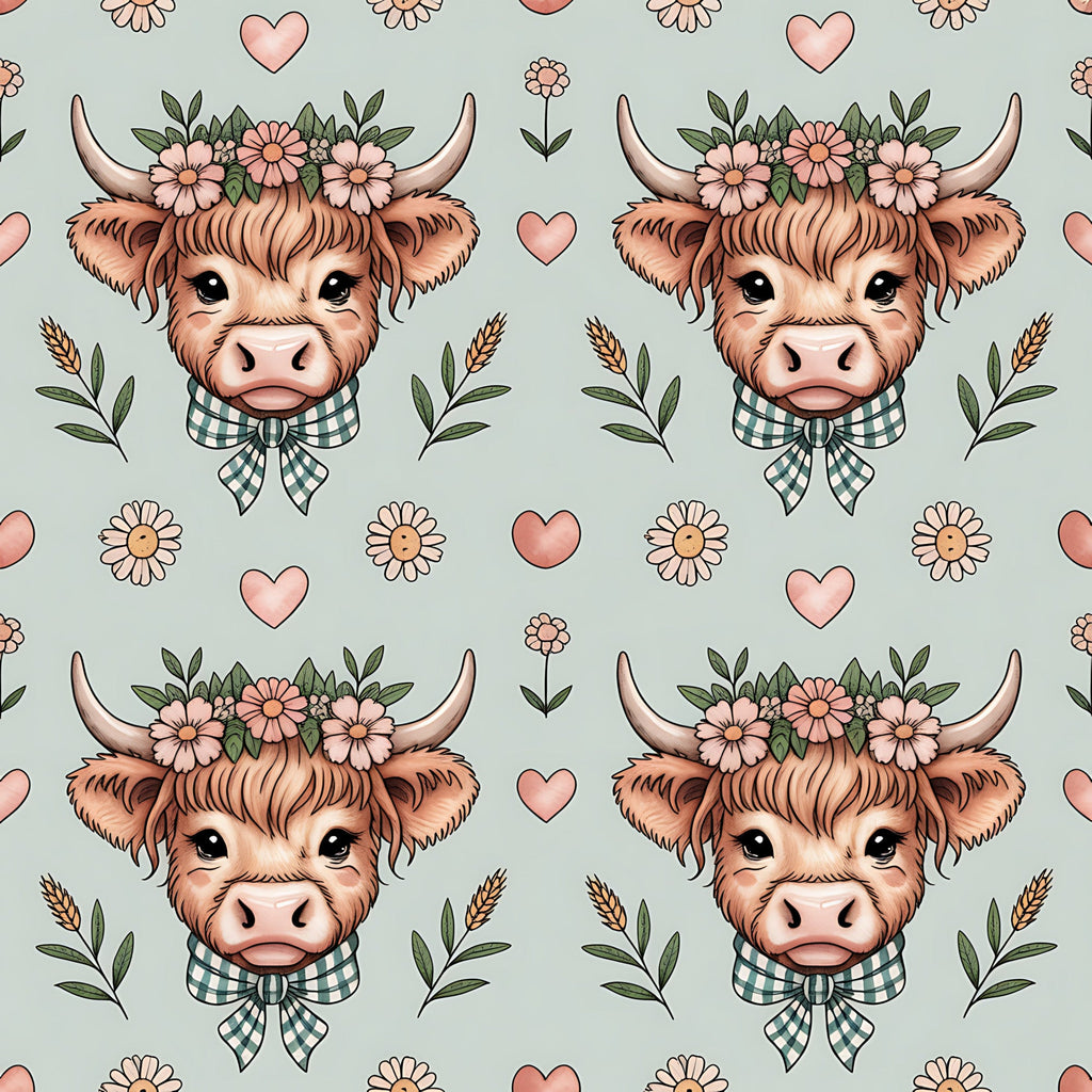 highland cow, cow heads, floral crown, pink flowers, green checkered bow, hearts, pastoral design, farm animals, cute illustration, soft sage green, coral pink, brown fur, horns, whimsical style,, fabric panel, repeating pattern, country charm, botanical elements, kawaii aesthetic