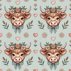 highland cow, cow heads, floral crown, pink flowers, green checkered bow, hearts, pastoral design, farm animals, cute illustration, soft sage green, coral pink, brown fur, horns, whimsical style,, fabric panel, repeating pattern, country charm, botanical elements, kawaii aesthetic