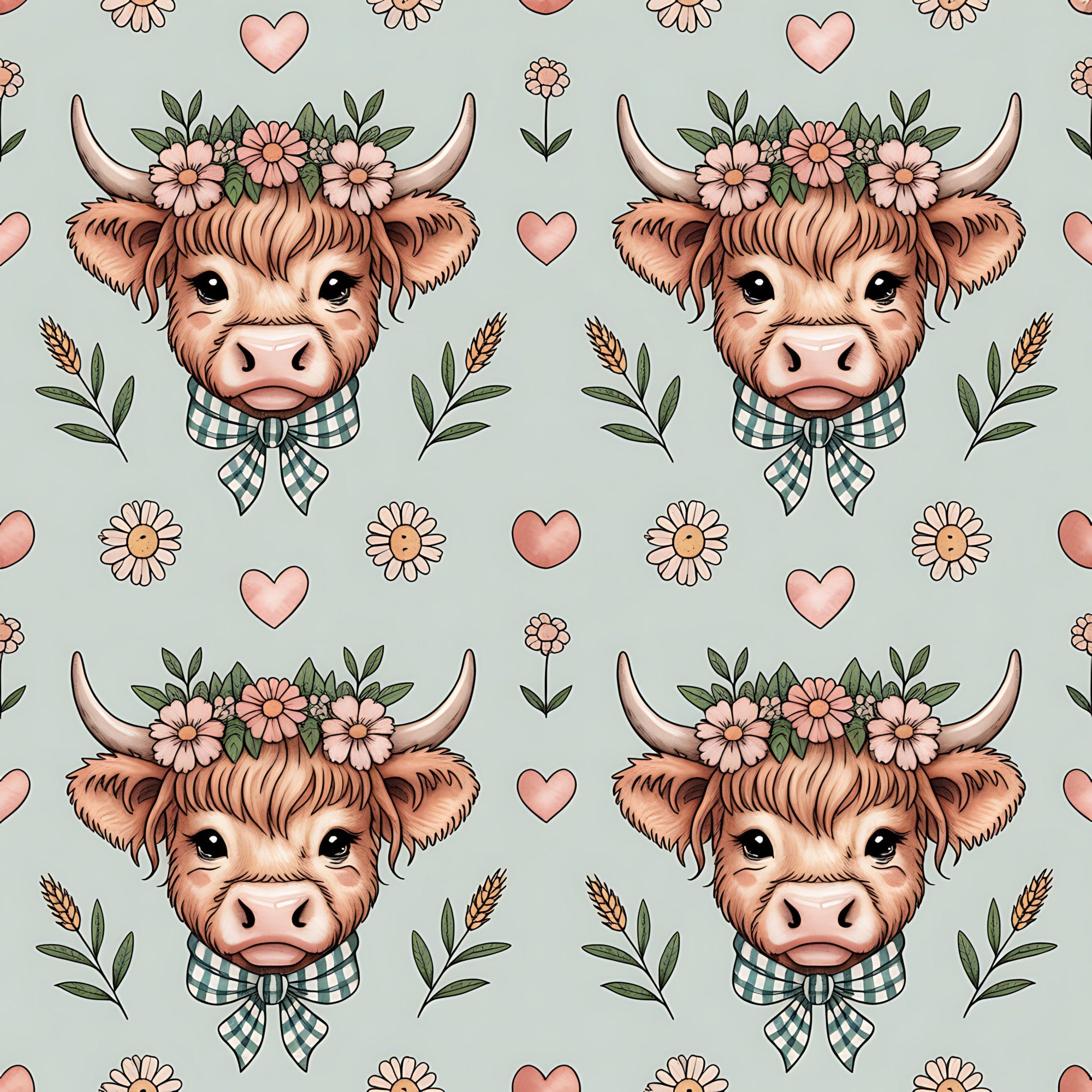 highland cow, cow heads, floral crown, pink flowers, green checkered bow, hearts, pastoral design, farm animals, cute illustration, soft sage green, coral pink, brown fur, horns, whimsical style,, fabric panel, repeating pattern, country charm, botanical elements, kawaii aesthetic