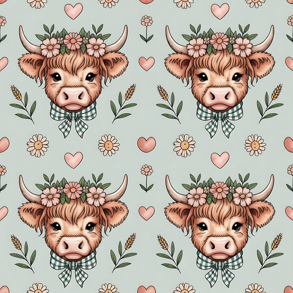 highland cow, cow heads, floral crown, pink flowers, green checkered bow, hearts, pastoral design, farm animals, cute illustration, soft sage green, coral pink, brown fur, horns, whimsical style,, fabric panel, repeating pattern, country charm, botanical elements, kawaii aesthetic