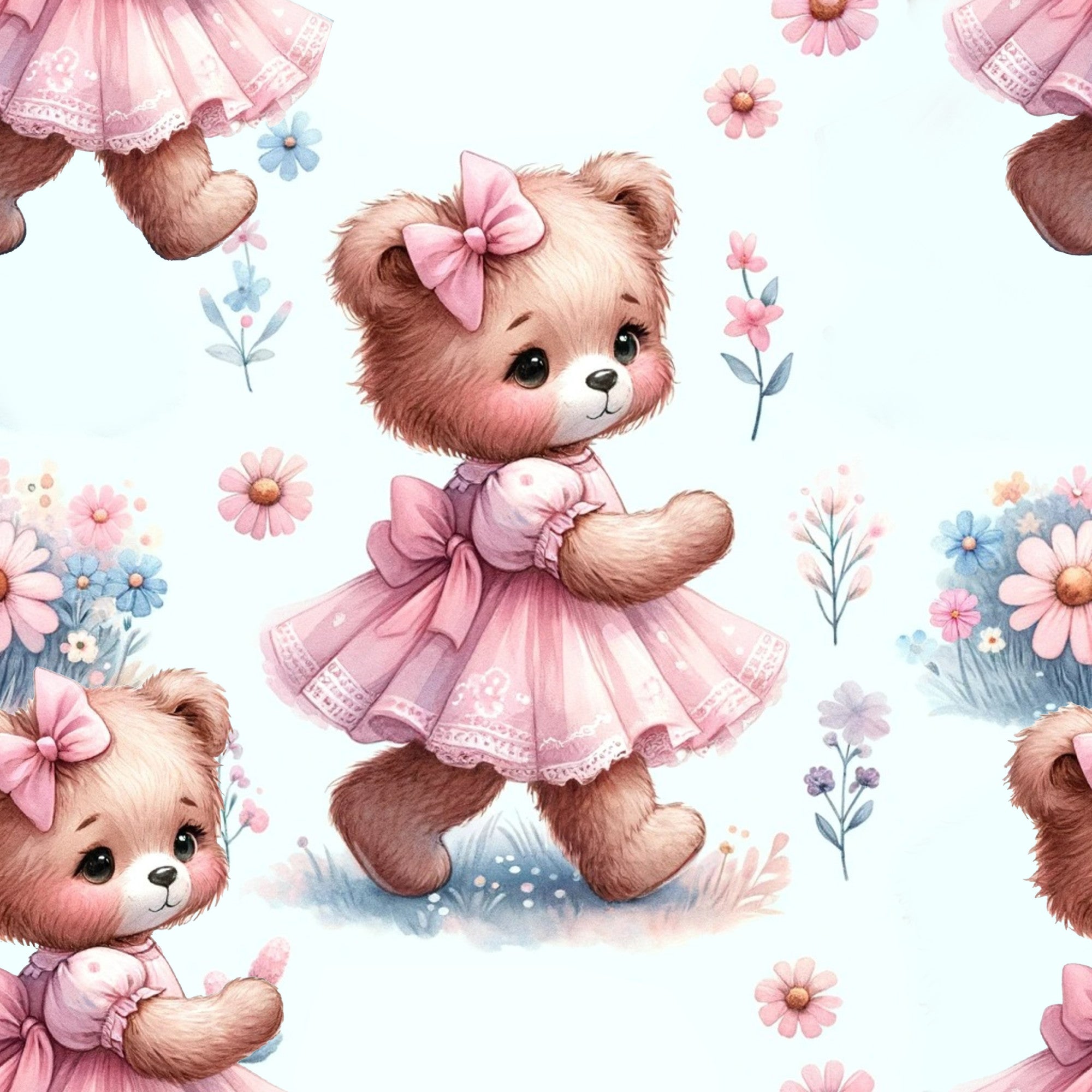 pink teddy bears, brown bears, floral pattern, pastel colors, soft pink, baby blue, cute animals, bow accessories, frilly dresses, whimsical design, nursery theme,, fabric panel, repeating pattern, delicate flowers, feminine style, children's fabric, sweet characters, vintage inspired, crafting material