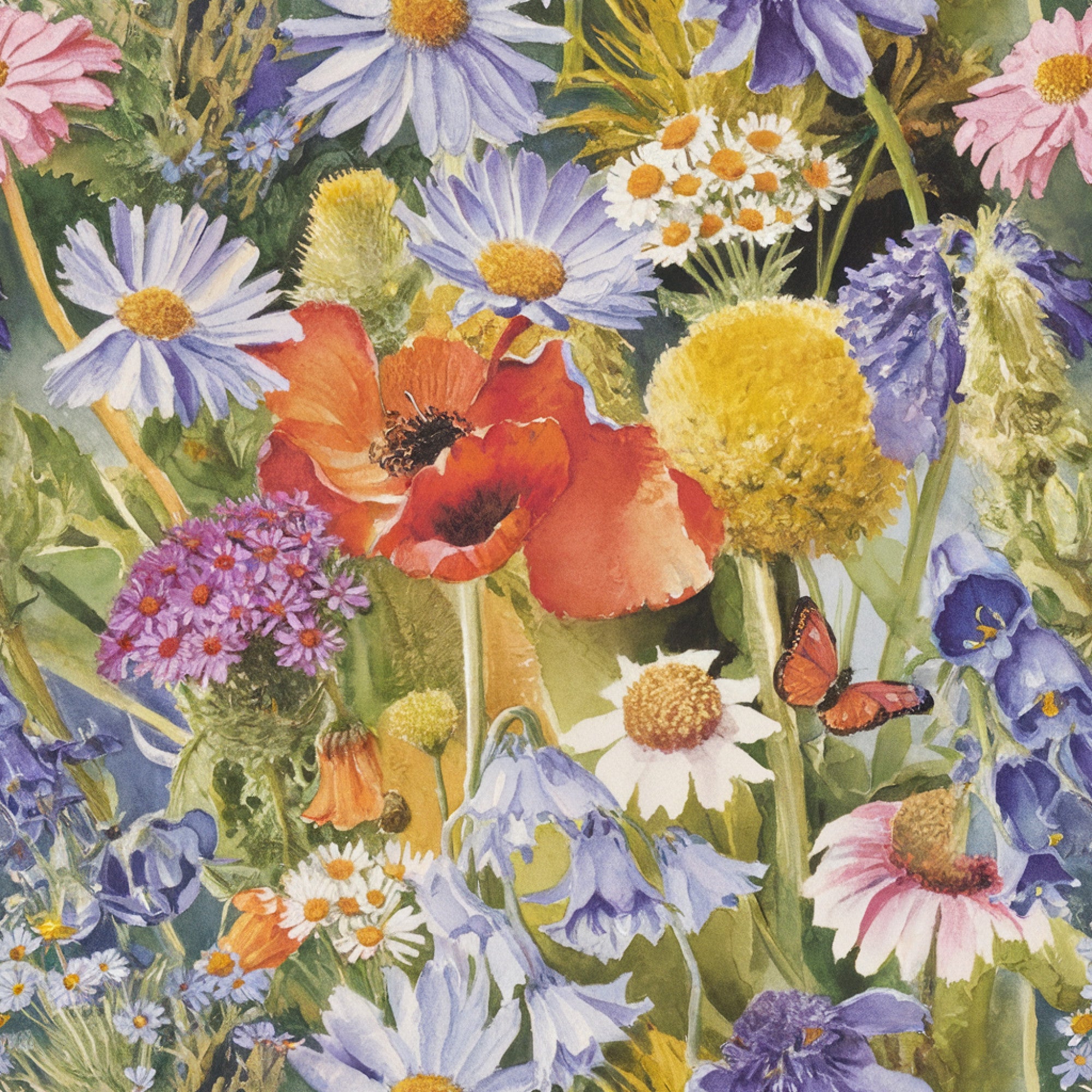 wildflowers, botanical print, floral pattern, purple flowers, orange poppy, yellow blooms, pink daisies, white petals, lavender blossoms, butterfly, nature scene, meadow flowers, vibrant colors,, fabric panel, realistic artwork, garden theme, spring florals, detailed illustration, watercolor style