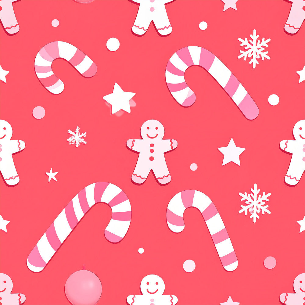 coral pink, white, candy cane, gingerbread man, snowflake, star, festive, christmas, holiday, winter, whimsical, playful, cheerful, sweet, cute, kids, children, nursery, playroom, baby shower, peppermint striped, gingerbread cookie, jolly, merry, seasonal, festive decorations, candy theme