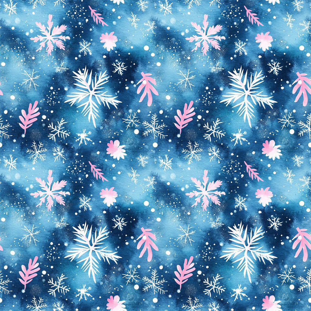 watercolor blue, christmas pattern,, fabric panel, snowflakes, winter motifs, pink accents, white snowflakes, navy blue, celestial blue, holiday fabric, seasonal design, watercolor effect, winter wonderland, festive pattern, cotton fabric, quilting material, christmas crafting, holiday sewing, winter theme