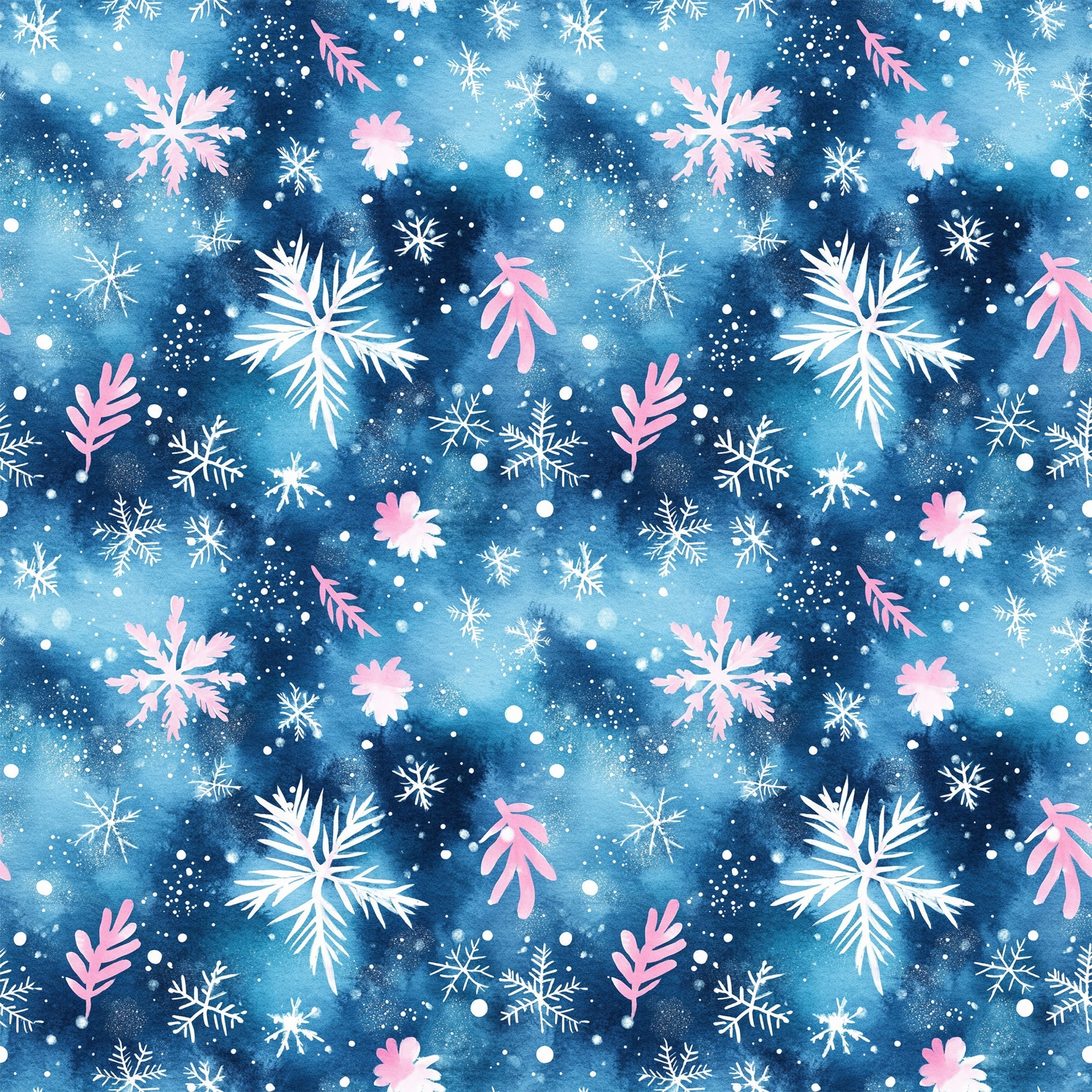watercolor blue, christmas pattern,, fabric panel, snowflakes, winter motifs, pink accents, white snowflakes, navy blue, celestial blue, holiday fabric, seasonal design, watercolor effect, winter wonderland, festive pattern, cotton fabric, quilting material, christmas crafting, holiday sewing, winter theme