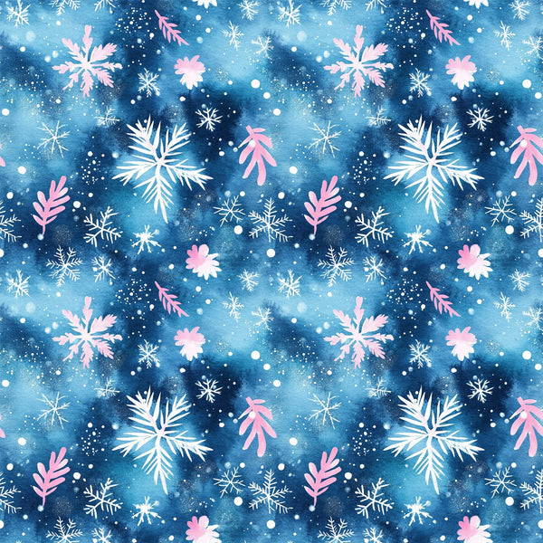 watercolor blue, christmas pattern,, fabric panel, snowflakes, winter motifs, pink accents, white snowflakes, navy blue, celestial blue, holiday fabric, seasonal design, watercolor effect, winter wonderland, festive pattern, cotton fabric, quilting material, christmas crafting, holiday sewing, winter theme
