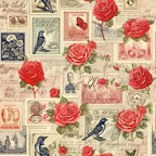 vintage stamps, red roses, coral pink, navy blue, cream background, birds, butterflies, postal theme, romantic pattern, floral motifs,, fabric panel, nostalgic style, antique aesthetic, rose blooms, stamped design, love letters, vintage ephemera, botanical elements, retro charm