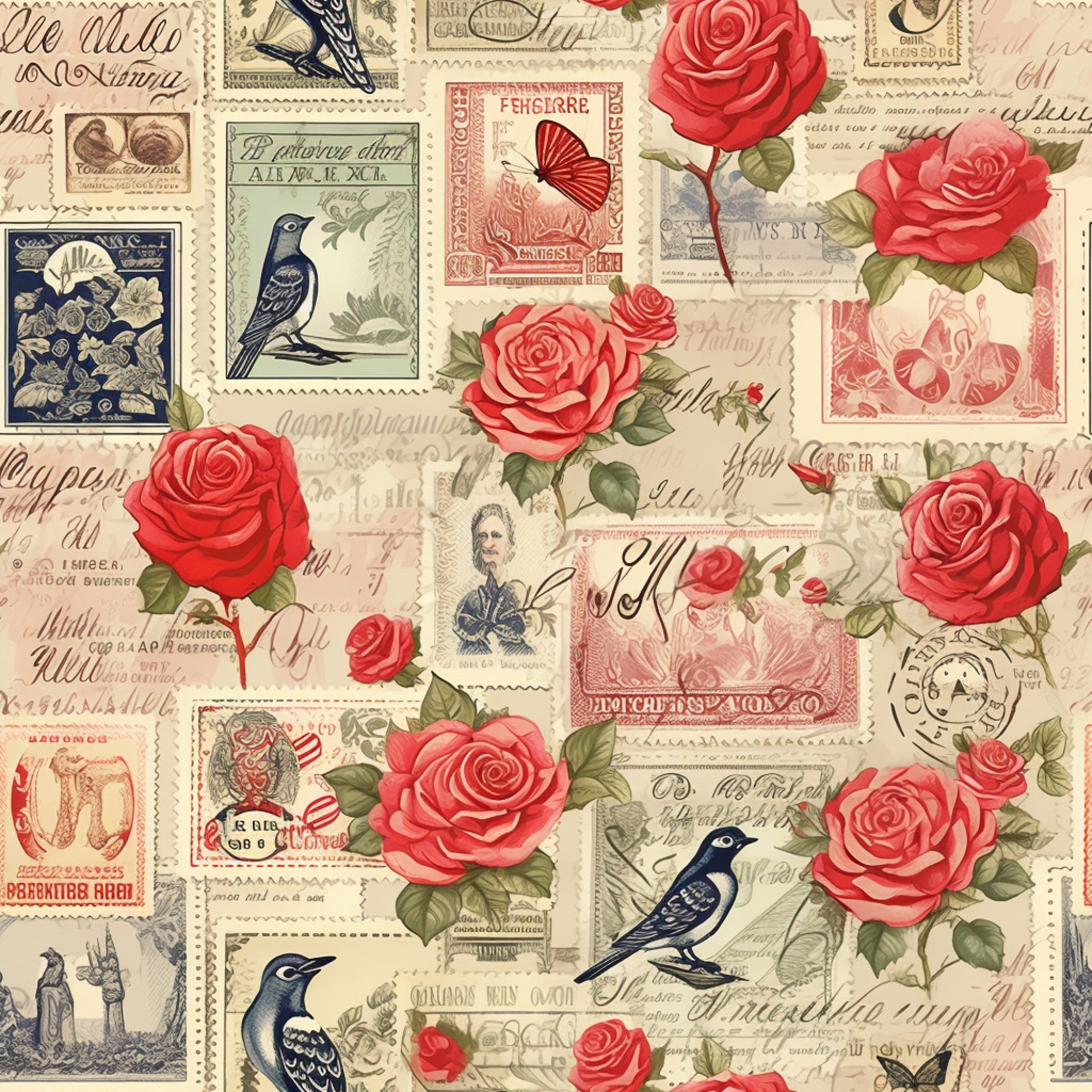 vintage stamps, red roses, coral pink, navy blue, cream background, birds, butterflies, postal theme, romantic pattern, floral motifs,, fabric panel, nostalgic style, antique aesthetic, rose blooms, stamped design, love letters, vintage ephemera, botanical elements, retro charm