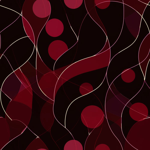 burgundy, deep red, maroon, black, abstract pattern, geometric design, flowing curves, circular motifs, dots, swirls, modern art, contemporary style,, fabric panel, sophisticated, elegant, wine colors, organic shapes, layered design, artistic composition