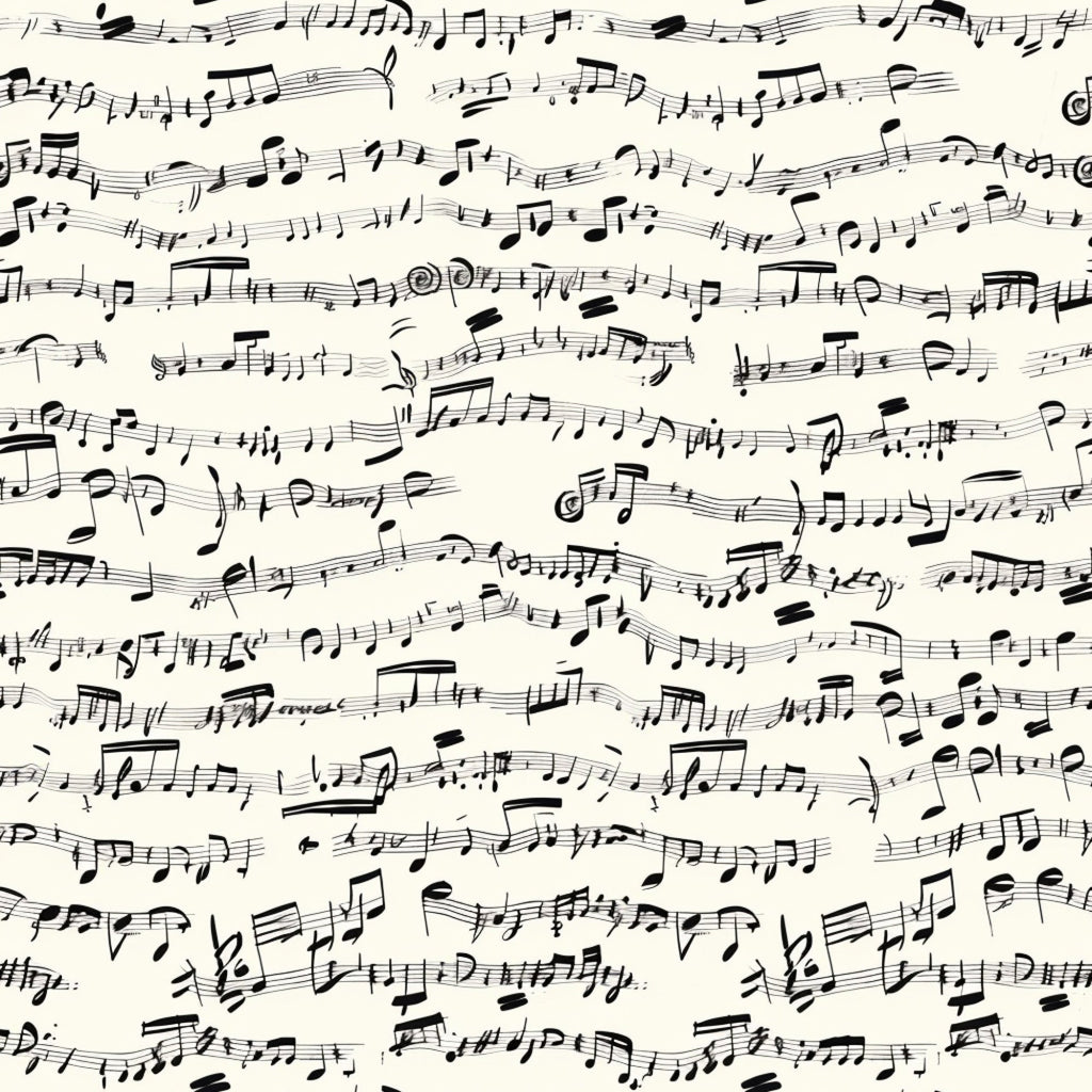 cream background, black ink, handwritten musical notes, sheet music, musical staff lines, treble clefs, bass clefs, scattered notes, vintage style, artistic penmanship,, fabric panel, monochrome design, music themed, elegant script, flowing composition, seamless pattern, craft fabric, sewing material