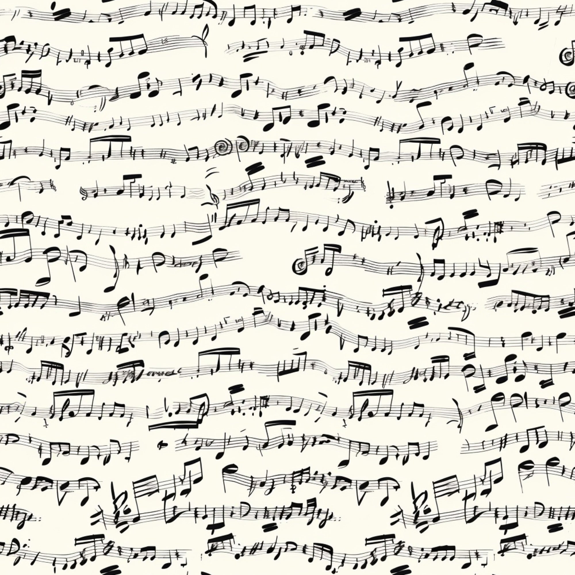 cream background, black ink, handwritten musical notes, sheet music, musical staff lines, treble clefs, bass clefs, scattered notes, vintage style, artistic penmanship,, fabric panel, monochrome design, music themed, elegant script, flowing composition, seamless pattern, craft fabric, sewing material