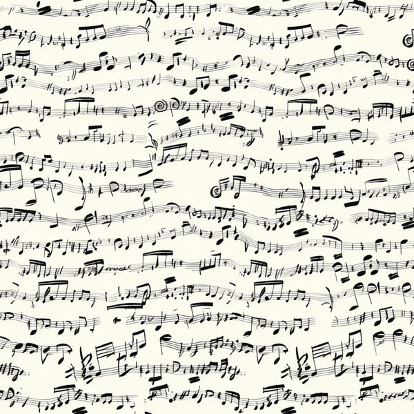 cream background, black ink, handwritten musical notes, sheet music, musical staff lines, treble clefs, bass clefs, scattered notes, vintage style, artistic penmanship,, fabric panel, monochrome design, music themed, elegant script, flowing composition, seamless pattern, craft fabric, sewing material