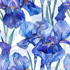iris flowers, blue petals, purple blooms, watercolor style, botanical pattern, floral design,, fabric panel, spring flowers, periwinkle blue, lavender purple, green stems, garden flowers, artistic florals, nature motif, soft pastels, delicate petals, blooming irises, fabric crafting, sewing material