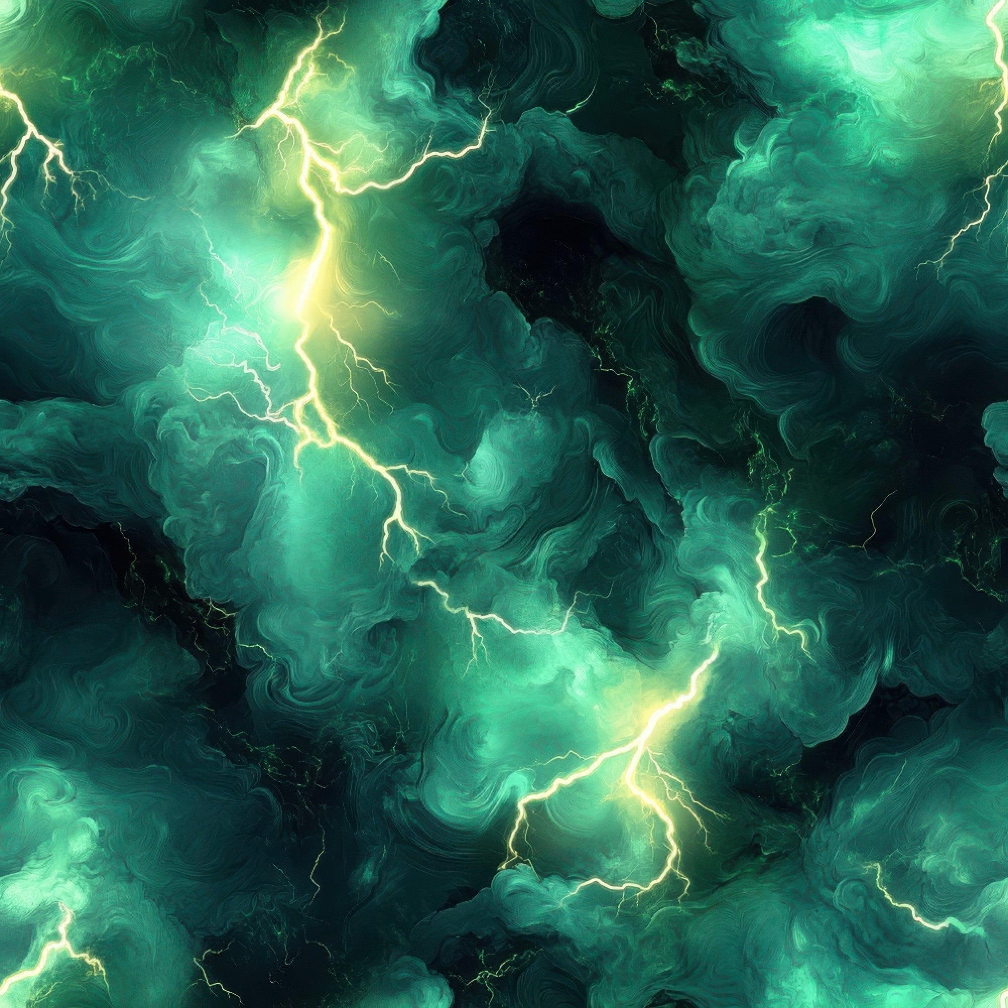 emerald green, forest green, lime green, yellow green, lightning bolts, thunderstorm, electric patterns, dramatic clouds, swirling storm clouds,, fabric panel, stormy atmosphere, nature elements, energy patterns, bright lightning, dark storm clouds, electric green, weather themed, striking bolts, atmospheric design