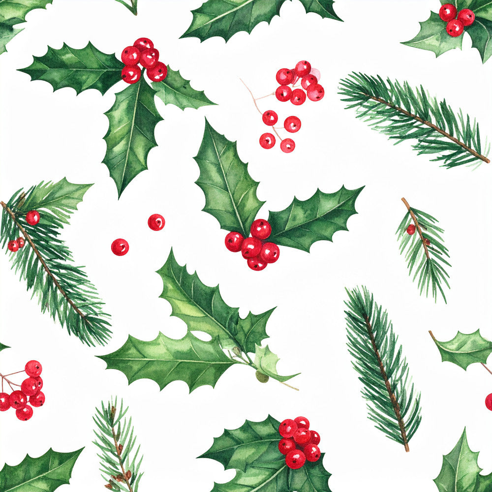 forest green, bright red, holly leaves, red berries, evergreen branches, pine needles, christmas, holiday, festive, winter, nature, botanical, traditional, elegant, seasonal, decorative, sprig pattern, natural motifs, red and green, classic holiday, festive design, winter greenery, berry clusters, leaf pattern, nature-inspired, timeless, ornamental