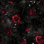 deep red roses, burgundy flowers, black background, gold accents, silver details, floral pattern, ornamental scrolls, elegant style, gothic theme, romantic, luxurious, deep crimson, dark aesthetic, vintage inspired, decorative vines, swirling designs, sparkle details, dramatic, sophisticated, moody, rich colors, ornate, formal style, dark romance, evening wear, dramatic florals, jewel tones, luxury aesthetic, statement pattern