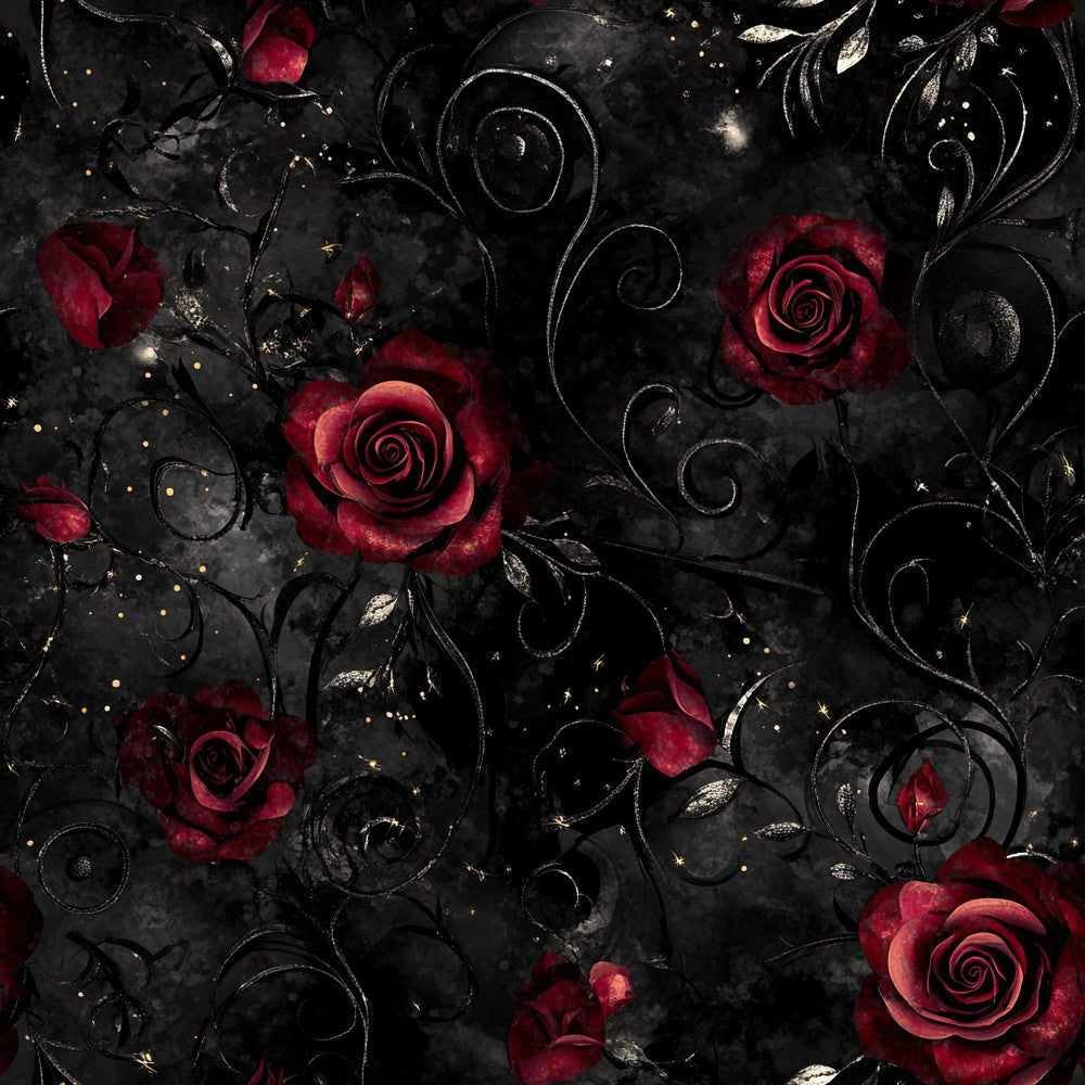 deep red roses, burgundy flowers, black background, gold accents, silver details, floral pattern, ornamental scrolls, elegant style, gothic theme, romantic, luxurious, deep crimson, dark aesthetic, vintage inspired, decorative vines, swirling designs, sparkle details, dramatic, sophisticated, moody, rich colors, ornate, formal style, dark romance, evening wear, dramatic florals, jewel tones, luxury aesthetic, statement pattern