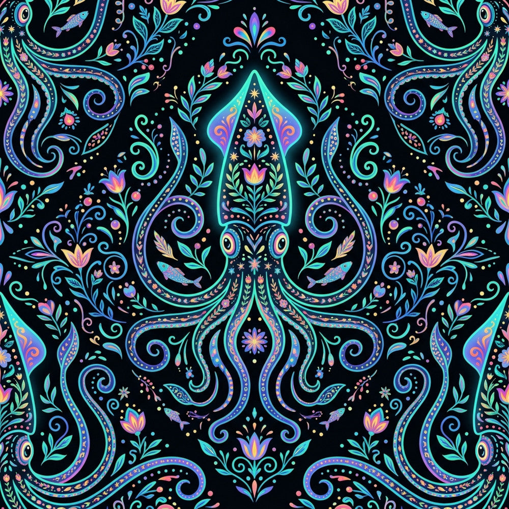 neon turquoise, electric blue, cyan, vibrant purple, hot pink, coral pink, navy black, iridescent, paisley, ornamental, damask, floral, botanical, symmetrical, ornate, elegant, bohemian, whimsical, celestial, mystical, decorative, scrollwork, vines, flowers, leaves, fish, stars, traditional, modern boho, jewel tones