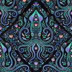 neon turquoise, electric blue, cyan, vibrant purple, hot pink, coral pink, navy black, iridescent, paisley, ornamental, damask, floral, botanical, symmetrical, ornate, elegant, bohemian, whimsical, celestial, mystical, decorative, scrollwork, vines, flowers, leaves, fish, stars, traditional, modern boho, jewel tones