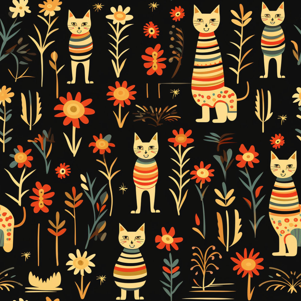 black background, cream, golden yellow, burnt orange, red-orange, teal, striped cats, cat print, floral pattern, flowers, botanical, nature-inspired, whimsical, modern folk, playful, children's design, kids room, nursery, playroom, celestial stars, geometric flowers, bold colors, vibrant, retro style, vintage modern, mid-century modern, scandinavian inspired, spring, summer, decorative plants