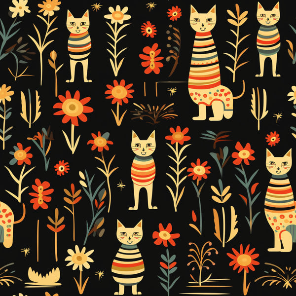 black background, cream, golden yellow, burnt orange, red-orange, teal, striped cats, cat print, floral pattern, flowers, botanical, nature-inspired, whimsical, modern folk, playful, children's design, kids room, nursery, playroom, celestial stars, geometric flowers, bold colors, vibrant, retro style, vintage modern, mid-century modern, scandinavian inspired, spring, summer, decorative plants