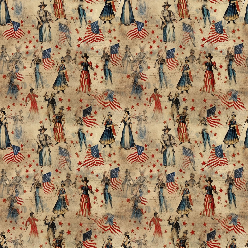 americana, patriotic, vintage, red, blue, beige, cream, uncle sam, american flags, stars, historical figures, civil war era, period costumes, top hats, military uniforms,, fabric panel, repeating pattern, nostalgic, weathered texture, colonial dress, striped patterns