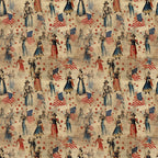 americana, patriotic, vintage, red, blue, beige, cream, uncle sam, american flags, stars, historical figures, civil war era, period costumes, top hats, military uniforms,, fabric panel, repeating pattern, nostalgic, weathered texture, colonial dress, striped patterns