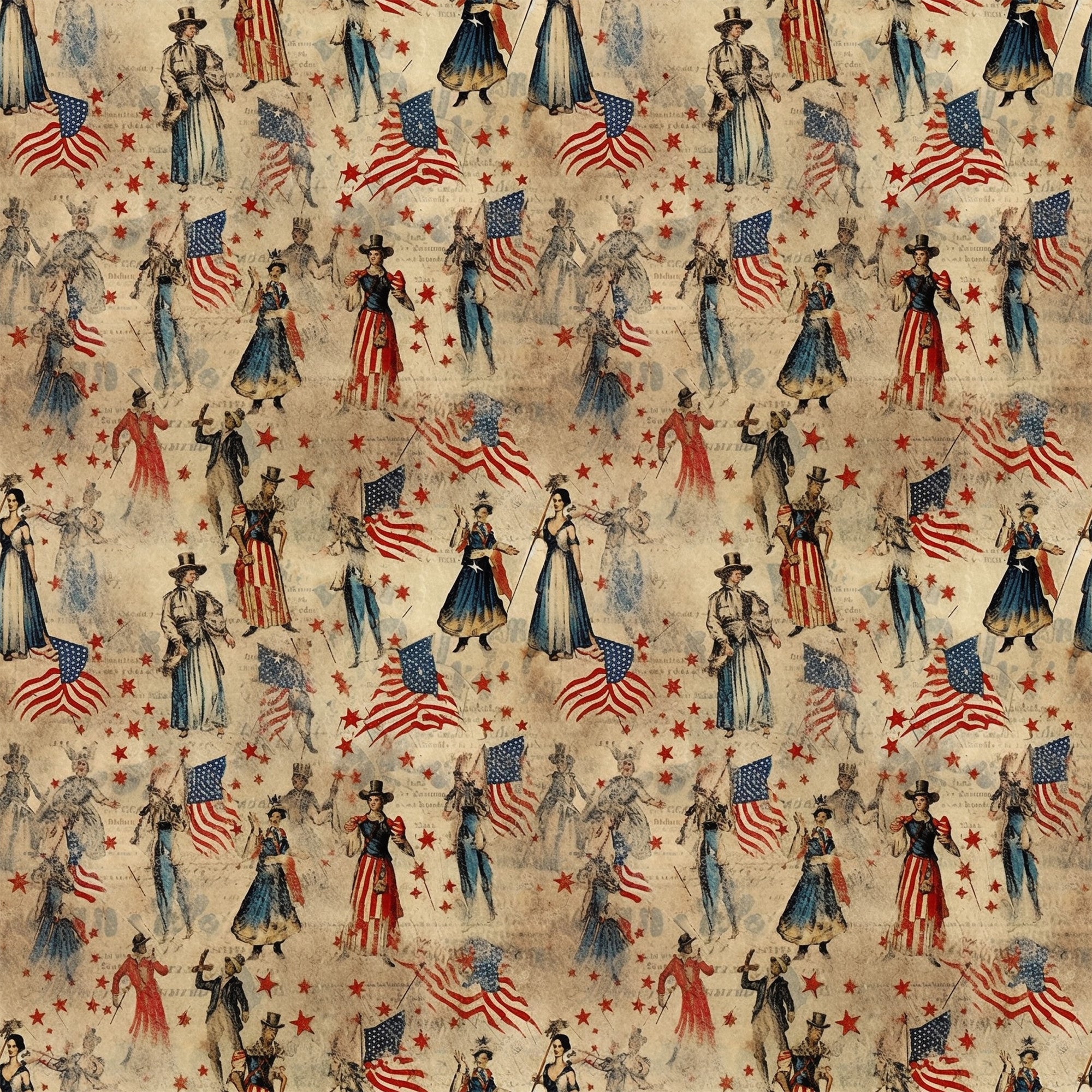 americana, patriotic, vintage, red, blue, beige, cream, uncle sam, american flags, stars, historical figures, civil war era, period costumes, top hats, military uniforms,, fabric panel, repeating pattern, nostalgic, weathered texture, colonial dress, striped patterns