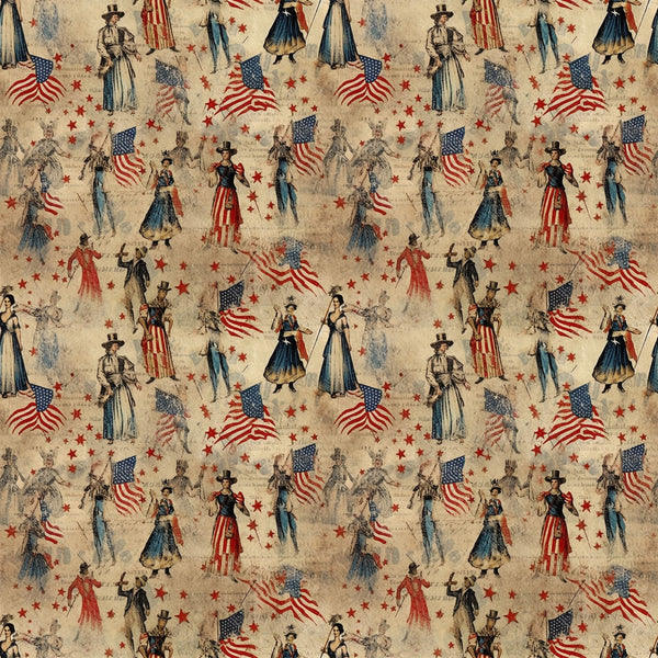 americana, patriotic, vintage, red, blue, beige, cream, uncle sam, american flags, stars, historical figures, civil war era, period costumes, top hats, military uniforms,, fabric panel, repeating pattern, nostalgic, weathered texture, colonial dress, striped patterns