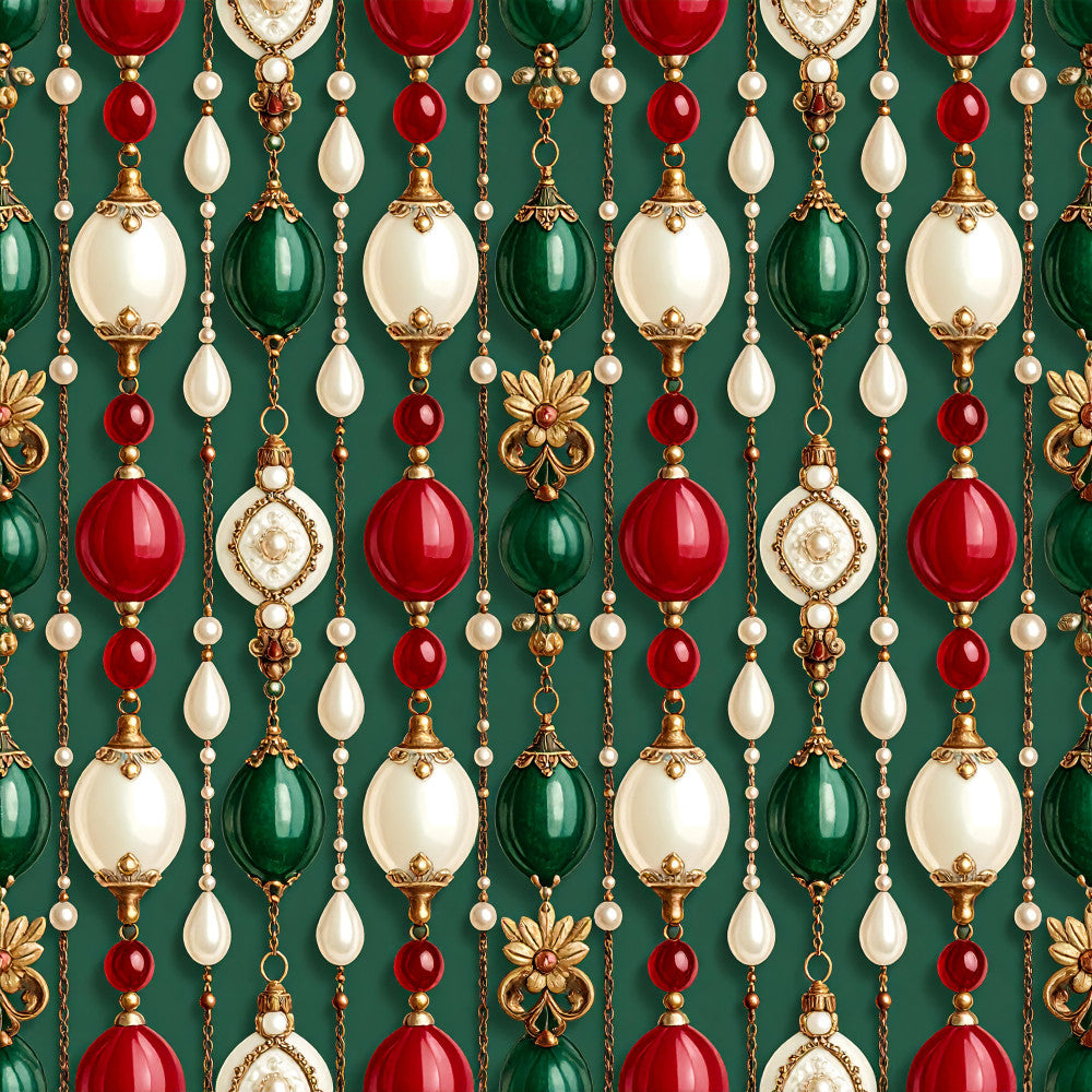 emerald green, cream white, ruby red, gold, pearl beads, ornament, pendant, hanging garland, christmas, holiday, vintage, elegant, luxurious, traditional, formal, beaded jewelry, festive, seasonal, decorative chains, floral accents, baroque, ornate, sophisticated, timeless, classic, winter, celebration, heirloom, embellished, jeweled