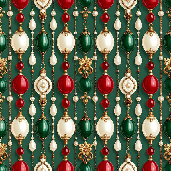 emerald green, cream white, ruby red, gold, pearl beads, ornament, pendant, hanging garland, christmas, holiday, vintage, elegant, luxurious, traditional, formal, beaded jewelry, festive, seasonal, decorative chains, floral accents, baroque, ornate, sophisticated, timeless, classic, winter, celebration, heirloom, embellished, jeweled