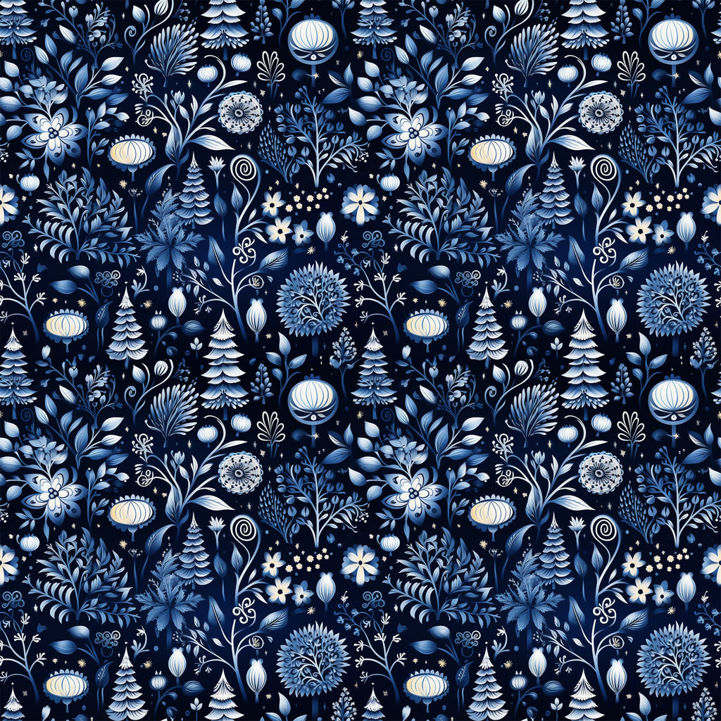 delft blue, navy blue, white, cream, winter pattern, floral motifs, evergreen trees, ornamental flowers, folk art style, botanical design, decorative ornaments, scandinavian inspired,, fabric panel, seamless pattern, intricate details, winter theme, stylized florals, blue and white, repeating design