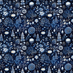 delft blue, navy blue, white, cream, winter pattern, floral motifs, evergreen trees, ornamental flowers, folk art style, botanical design, decorative ornaments, scandinavian inspired,, fabric panel, seamless pattern, intricate details, winter theme, stylized florals, blue and white, repeating design