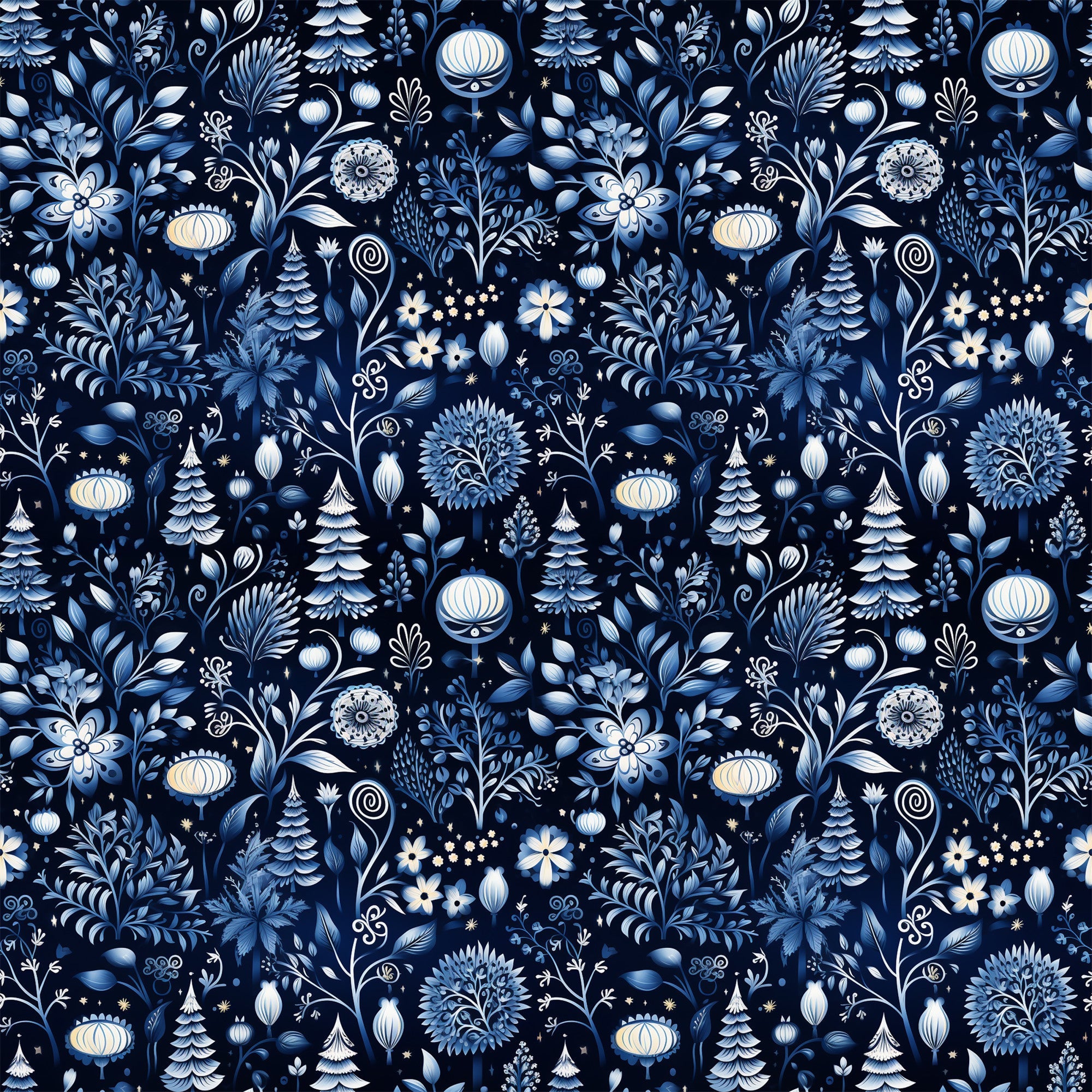 delft blue, navy blue, white, cream, winter pattern, floral motifs, evergreen trees, ornamental flowers, folk art style, botanical design, decorative ornaments, scandinavian inspired,, fabric panel, seamless pattern, intricate details, winter theme, stylized florals, blue and white, repeating design