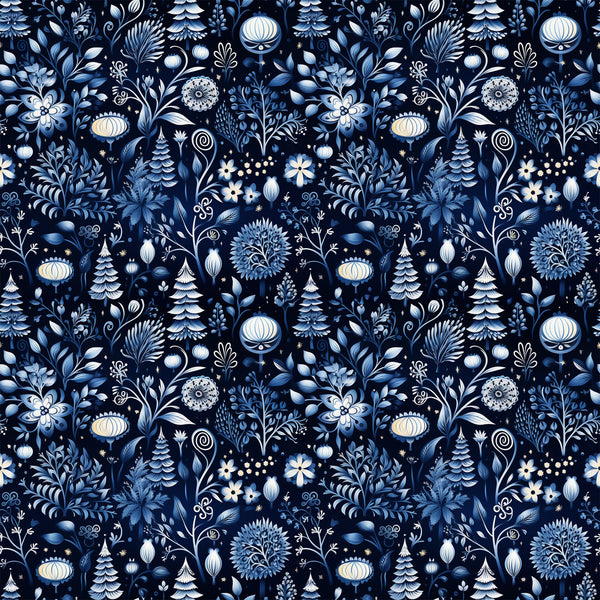 delft blue, navy blue, white, cream, winter pattern, floral motifs, evergreen trees, ornamental flowers, folk art style, botanical design, decorative ornaments, scandinavian inspired,, fabric panel, seamless pattern, intricate details, winter theme, stylized florals, blue and white, repeating design
