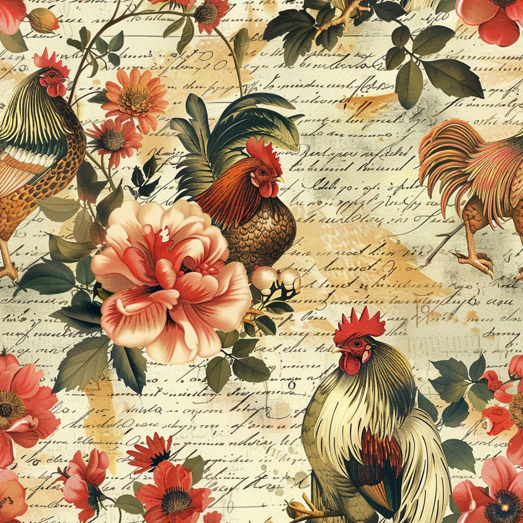 roosters, chickens, coral flowers, peach blooms, vintage script, handwritten text, farm animals, botanical elements, olive green leaves, cream background, country style,, fabric panel, floral pattern, farmhouse theme, rustic charm, detailed illustration, coral pink, golden yellow, nature motif