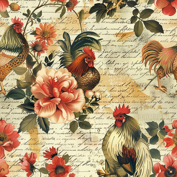 roosters, chickens, coral flowers, peach blooms, vintage script, handwritten text, farm animals, botanical elements, olive green leaves, cream background, country style,, fabric panel, floral pattern, farmhouse theme, rustic charm, detailed illustration, coral pink, golden yellow, nature motif