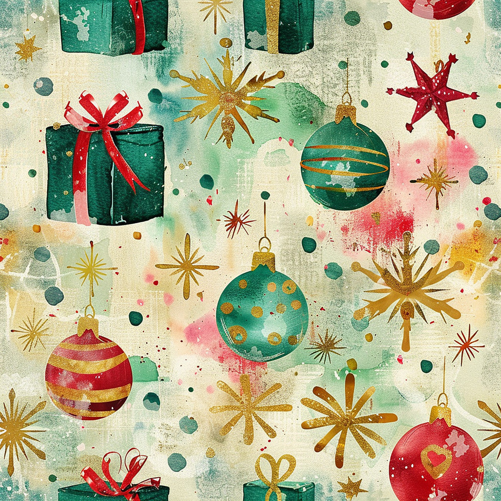 forest green, red, gold, cream, pink, vintage, christmas, holiday, ornaments, baubles, stars, snowflakes, gifts, presents, festive, whimsical, elegant, nostalgic, retro, winter, decorative, sparkly, traditional, celebration, joy, children's, seasonal, metallic accents